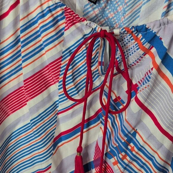 CAbi Top Womens Large Red Blue #5230 Tassel Tank Inline Print NWT - Picture 3 of 10